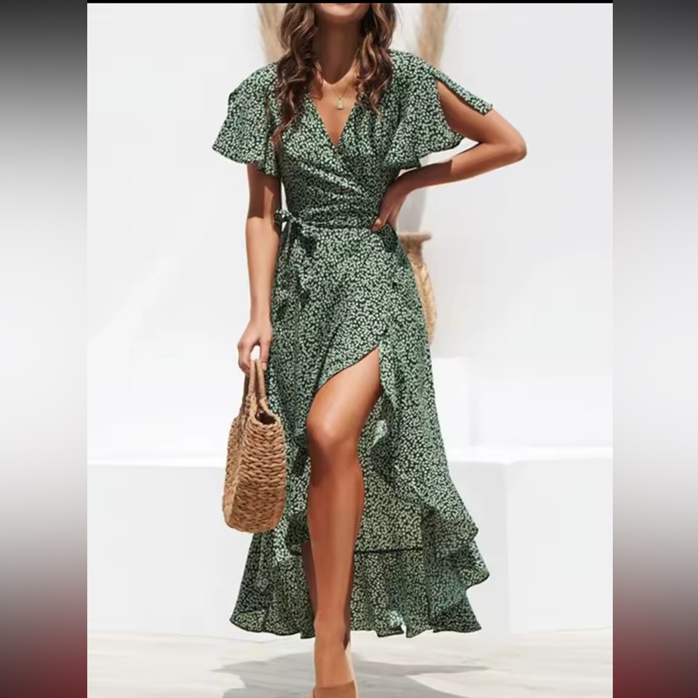 Lot of 3 Floral Wrap Summer Dresses - Red, Green Large - Picture 10 of 12